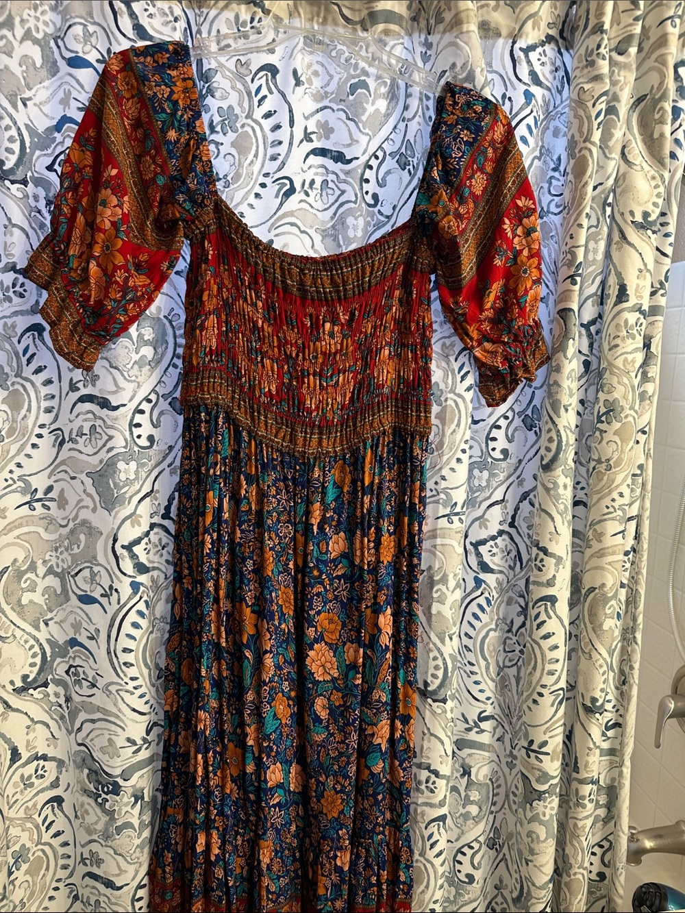Smocked Off-Shoulder Maxi Dress in Rust and Navy Floral